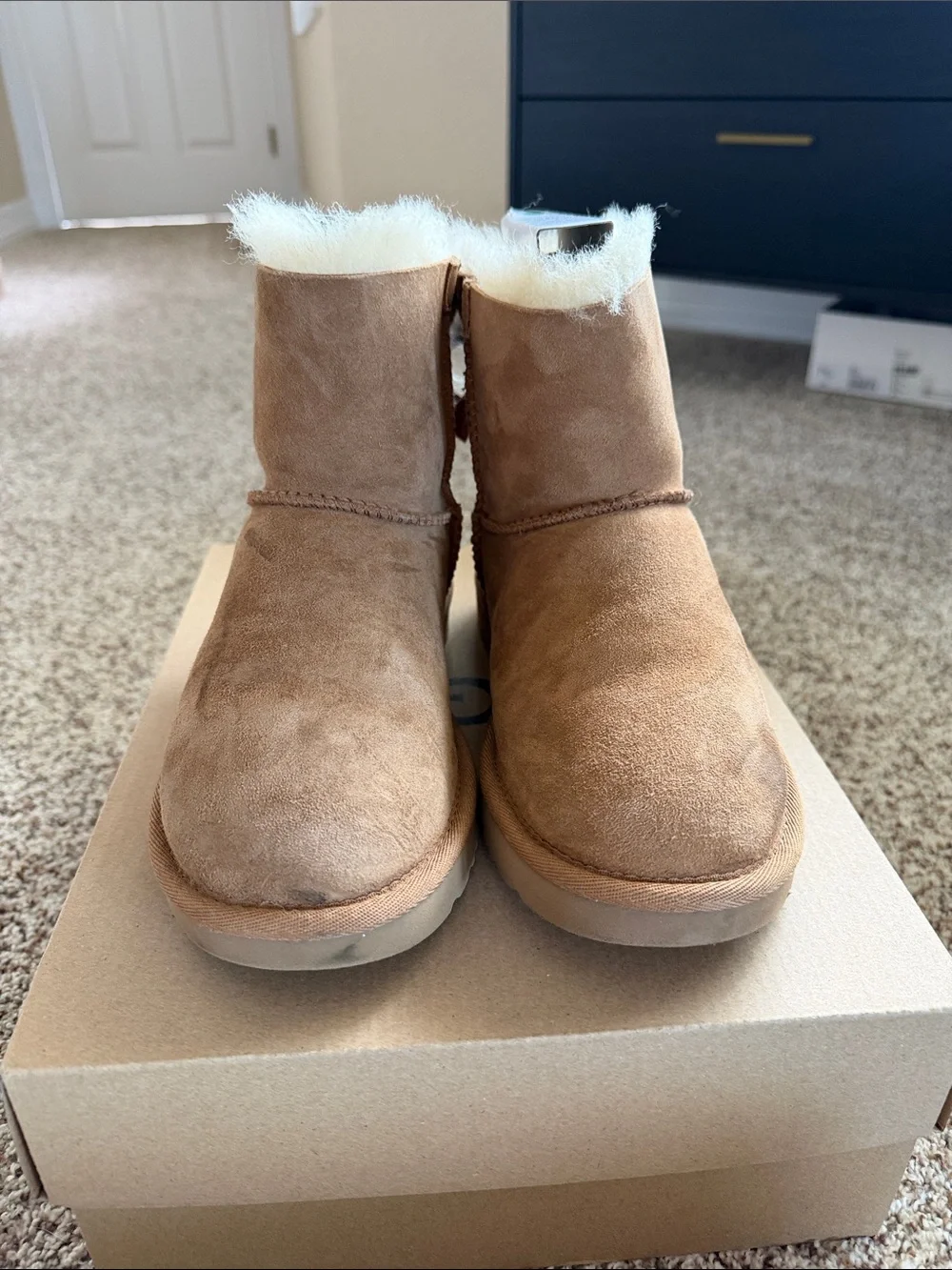 UGG Kids Chestnut Suede Sheepskin Boots with Brown Ribbon